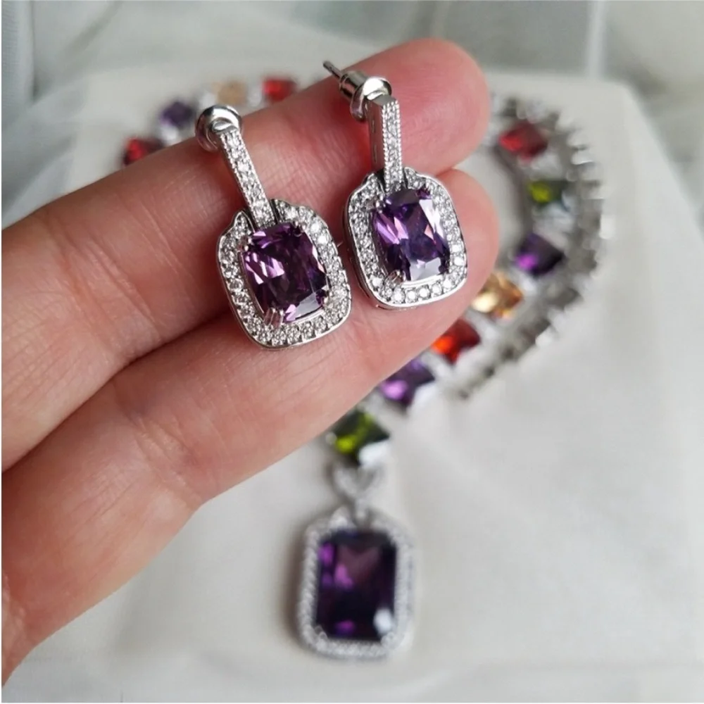 Swarovski Elements Amethyst Purple Emerald-cut Halo Earrings NEW - Picture 8 of 14